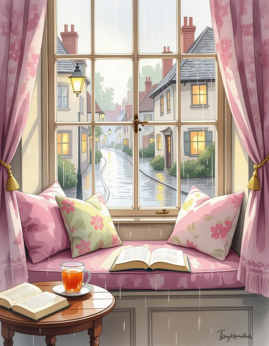 Cozy Window Seat with Pastel Cushions in Watercolor