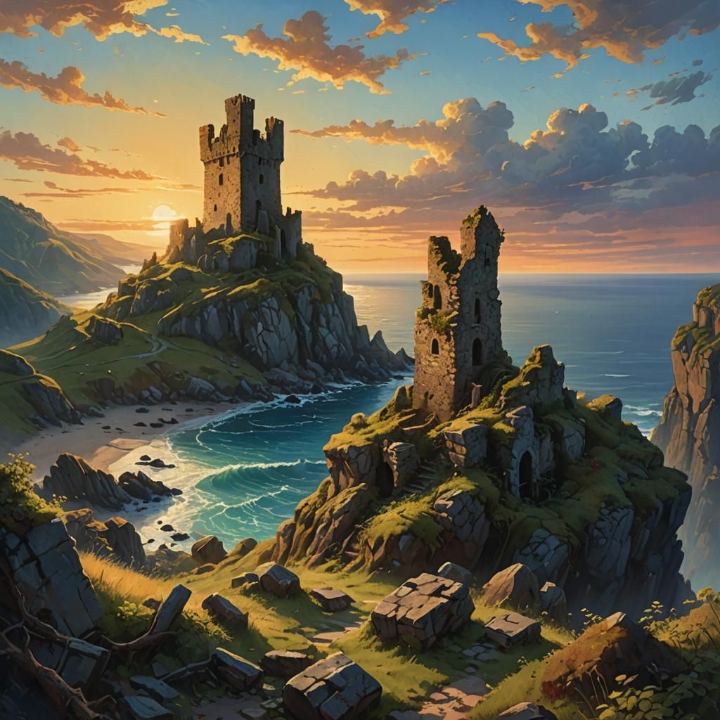 Ruined Tower Overlooking Sea at Sunset Landscape Painting
