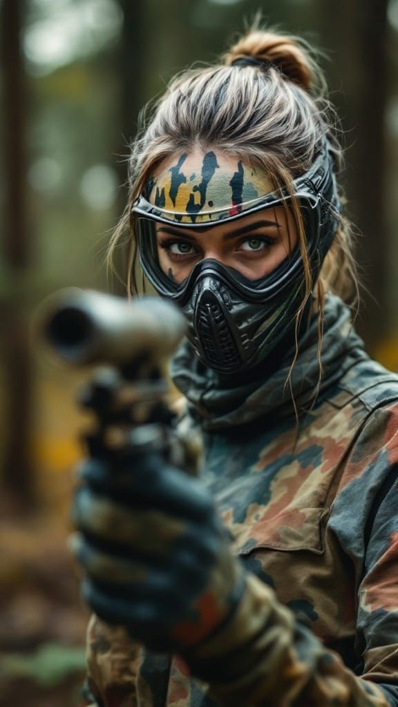 Girl in Camouflage Disguise Plays Paintball in the Woods