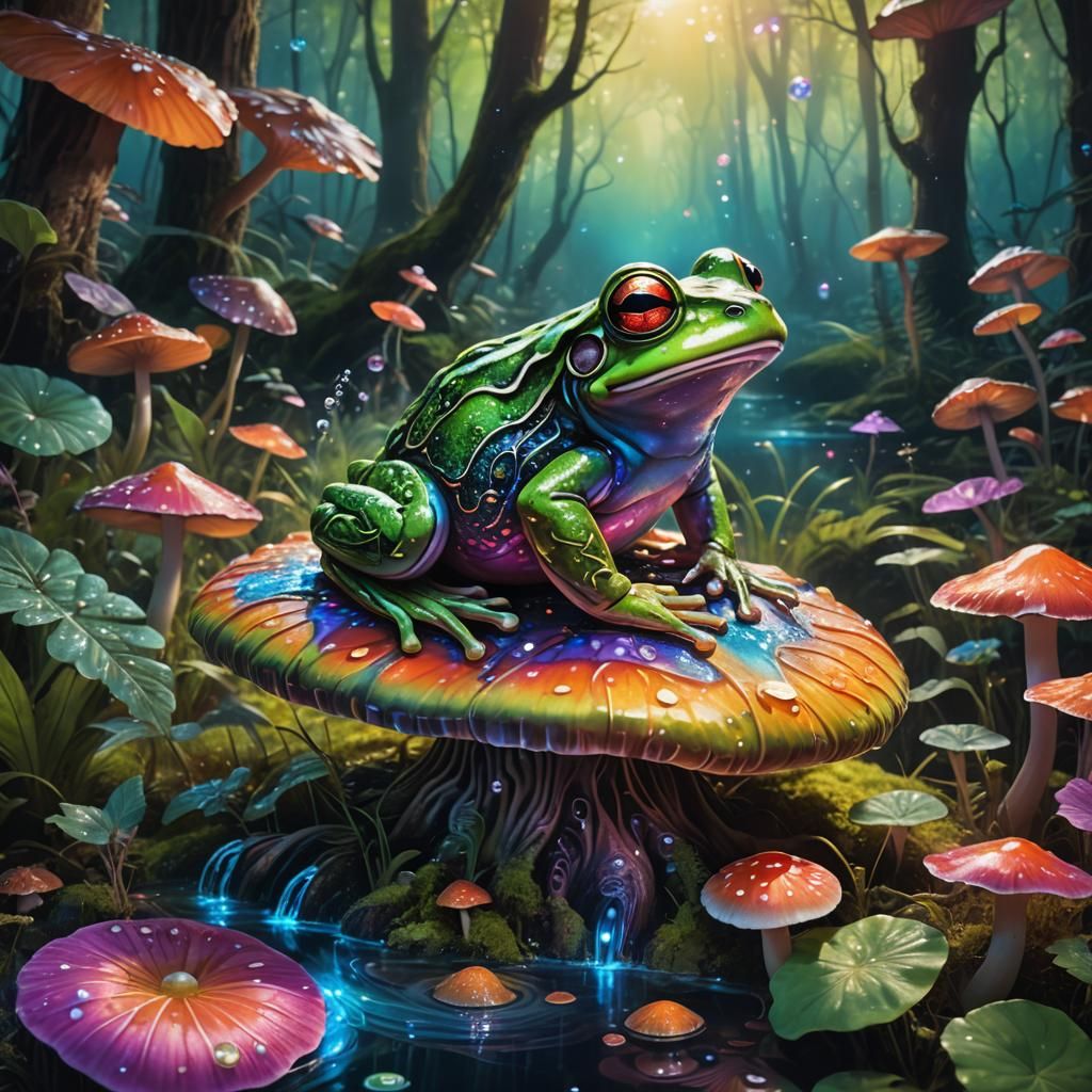 Mystical Frog on Mushroom in Psychedelic Visionary Art