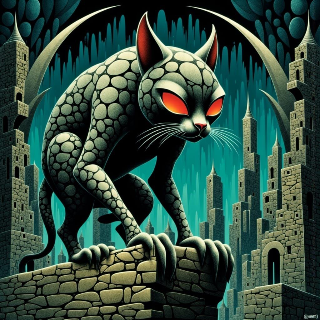 Nightmarish Feline Monster Surveys Ruined Gothic City