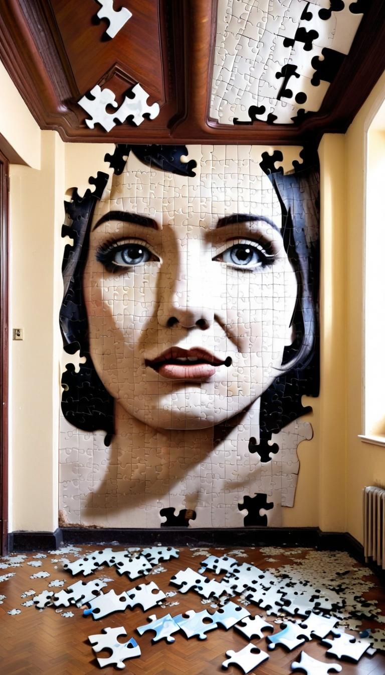 Crumbling Puzzle Piece Face with Art Deco Ceiling