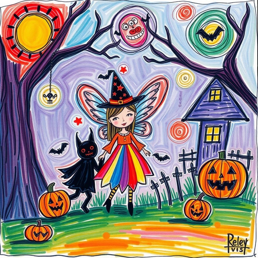 Halloween Trick-or-Treat Crayon Drawing in Surrealist Style