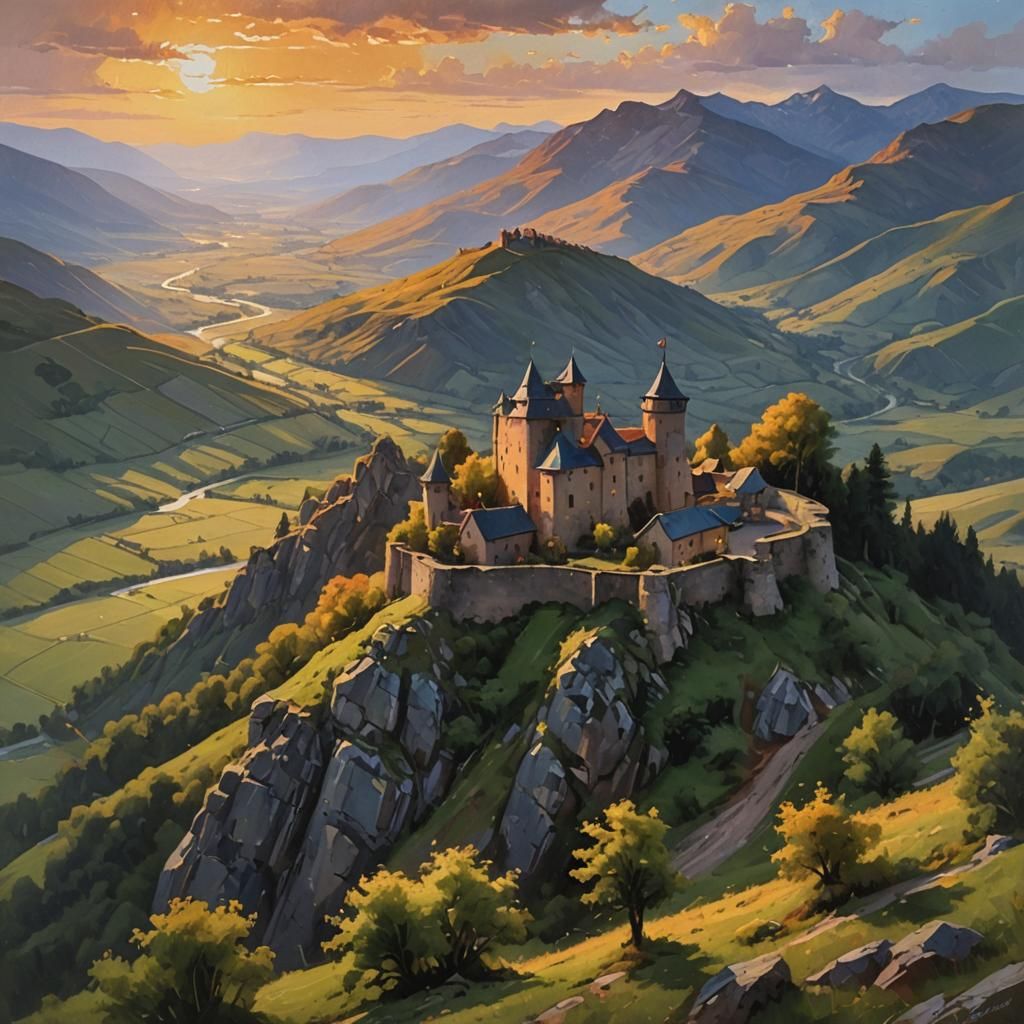 Sunset Castle Overlooking Valley as Oil Painting