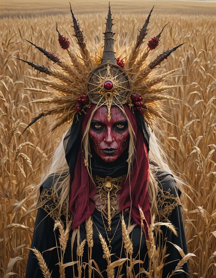 Eerie Gothic Witch in Autumn Wheat Field