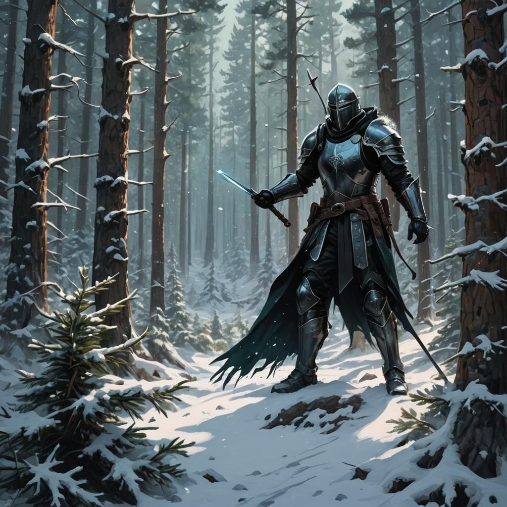 Dark Knight in Snowy Forest, Fantasy Art