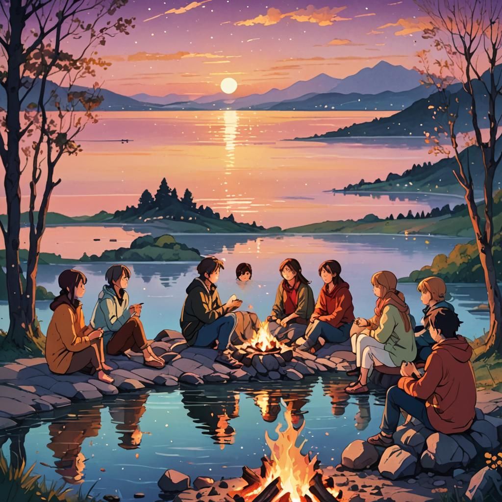 Cozy Anime Campfire Scene on Lake Balaton
