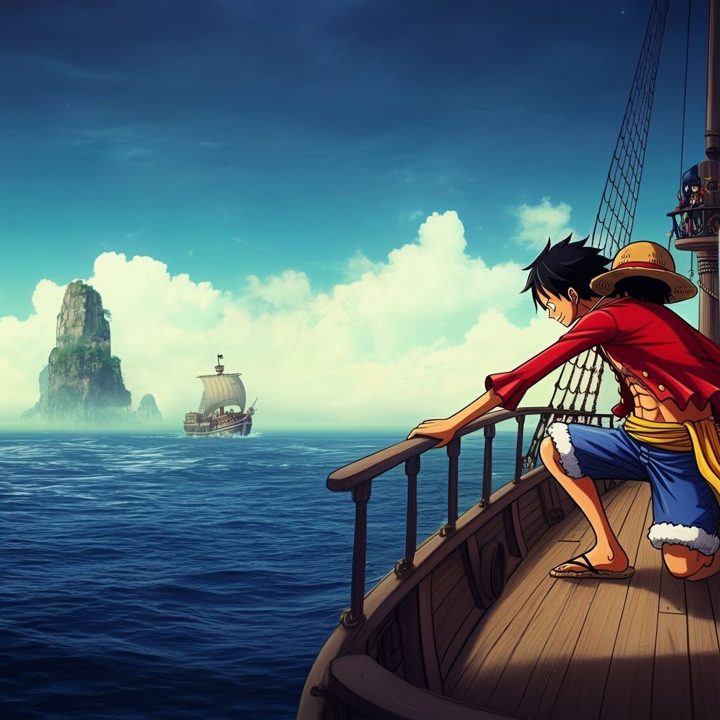 Luffy Stretching Between Ships in Dreamlike Seascape