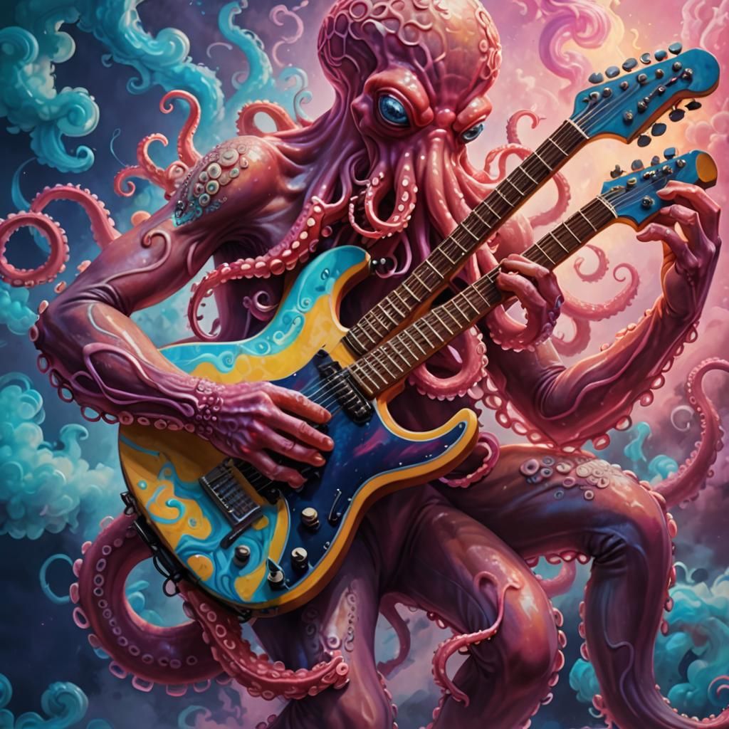 Octopus Guitarist in a Surreal Oil Painting