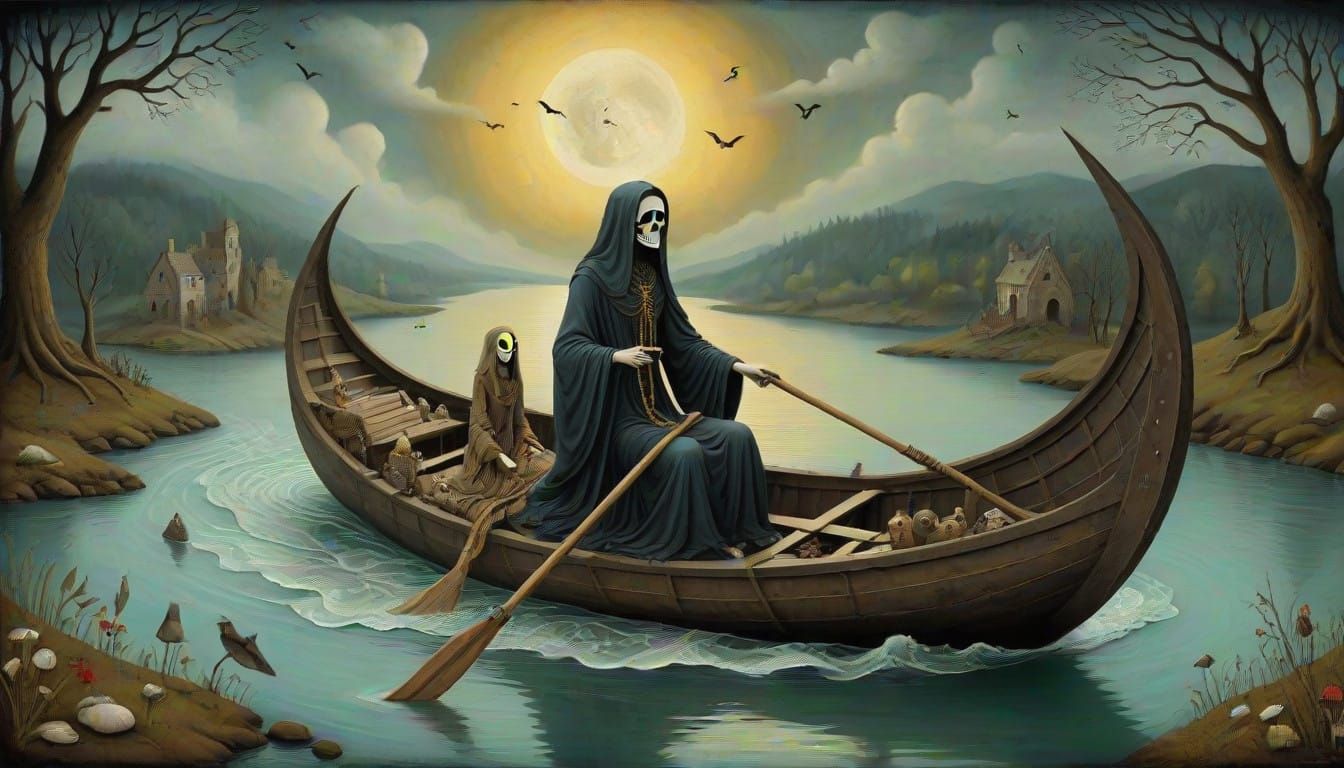 Soul Ferried Across the River Styx in Folk Art Style