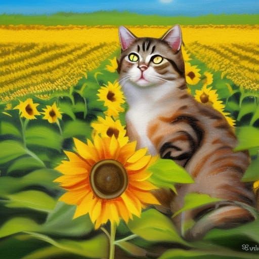 Cat in Sunflower Field as Oil Painting