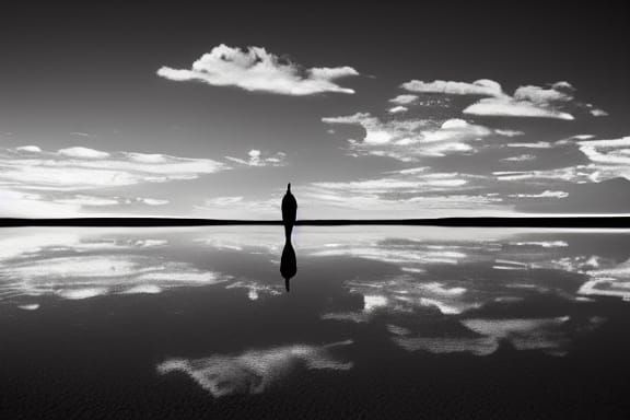 Woman's Silhouette Reflected on Bolivia Salt Flats