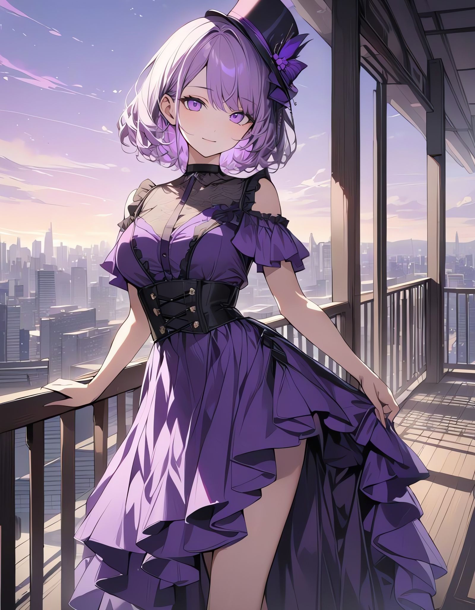 Elegant Lady Admires Cityscape from a Terrace