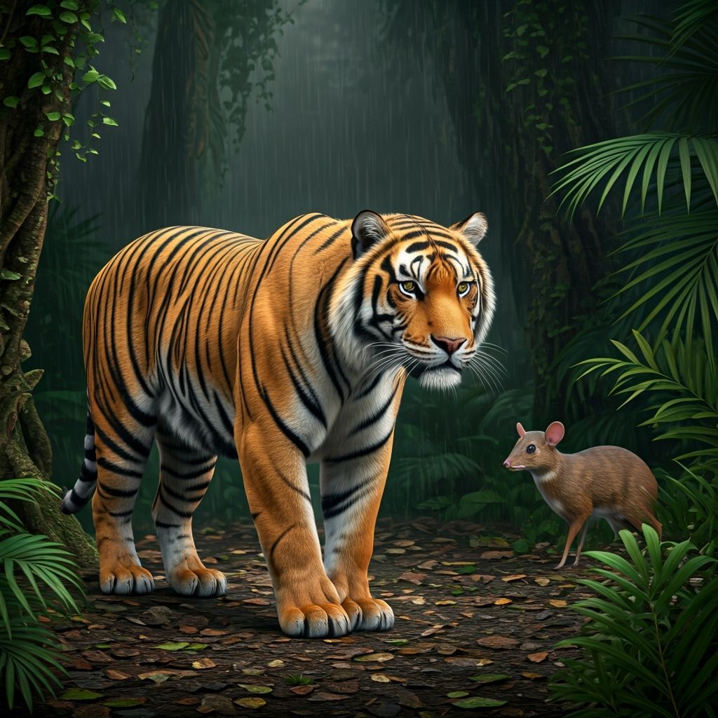 Bengal Tiger & Mouse Deer in Rainforest