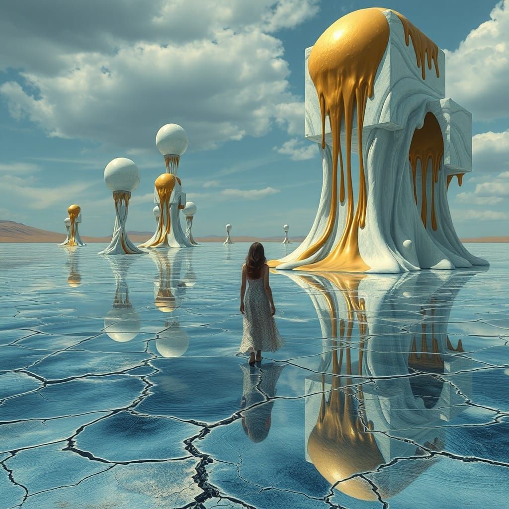 Surreal Desert Meets Silver Ocean with Abstract Forms