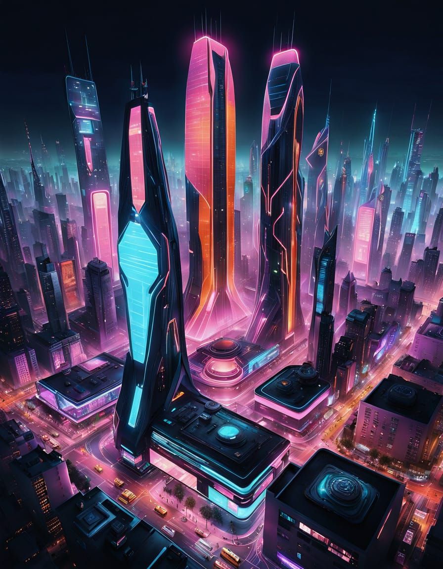 Cyberpunk Cityscape at Night: Neon Lights and High-Tech Arch...