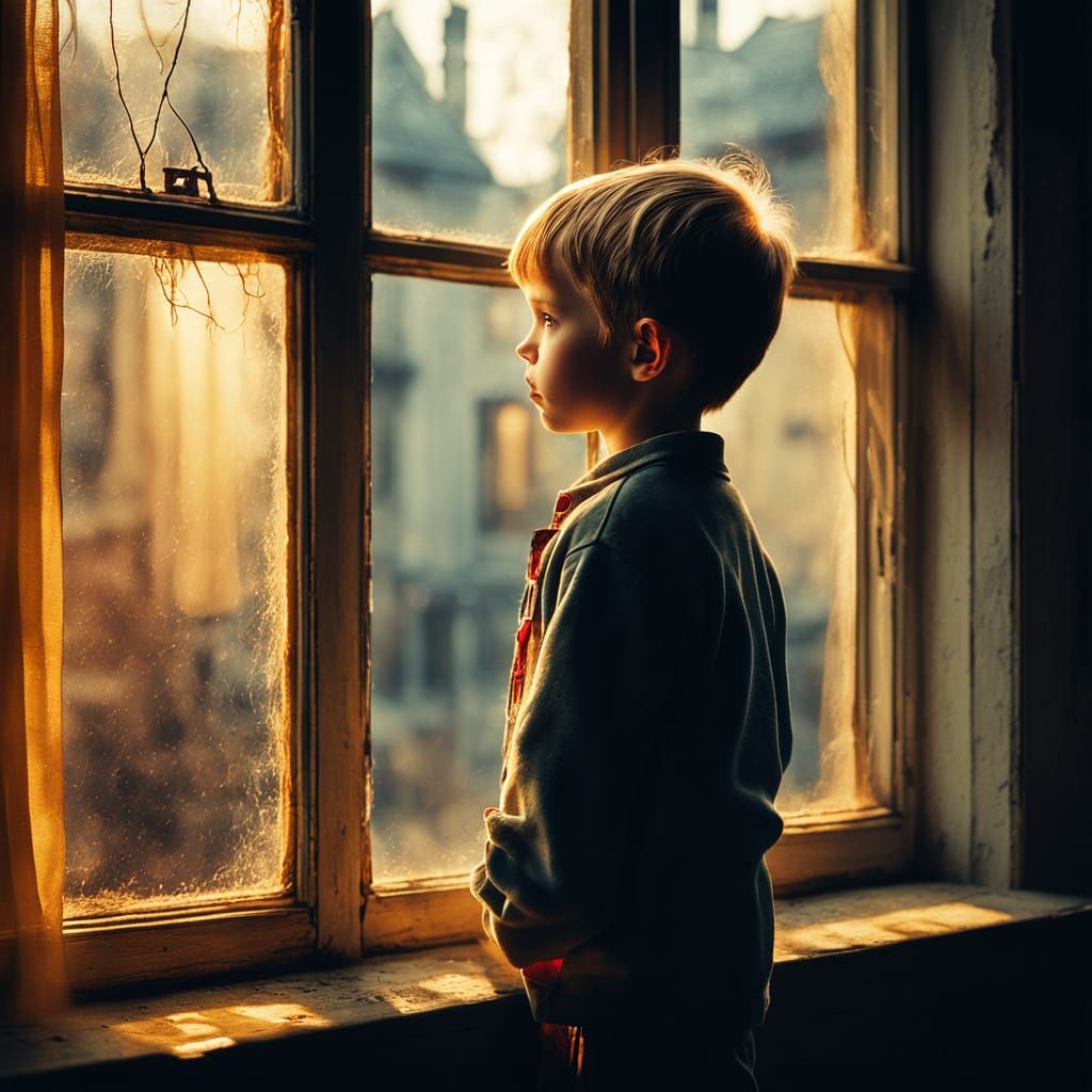 Nostalgic Photograph of Child Looking Through Old Window