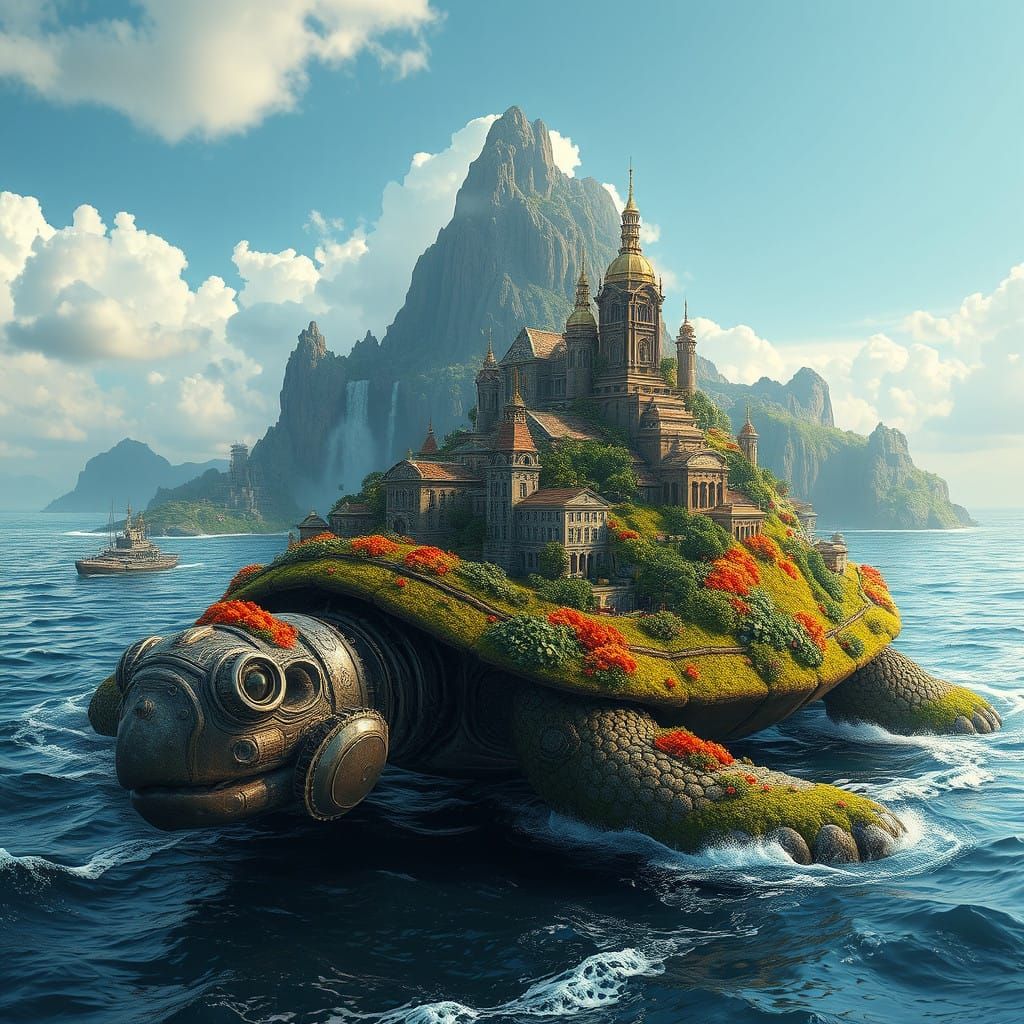 Gigantic Mechanical Turtle Sleeps on Ocean Surface, City on ...
