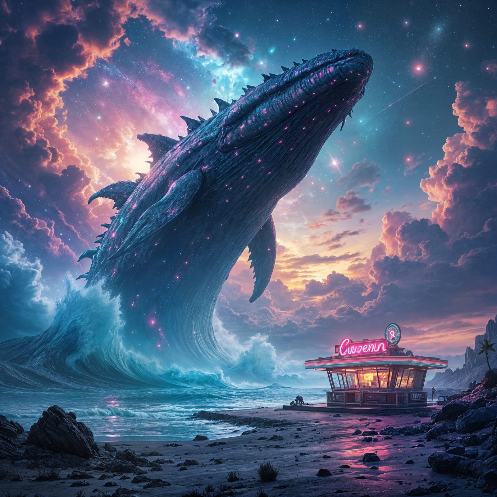 Cosmic Leviathan Rises from Starry Ocean