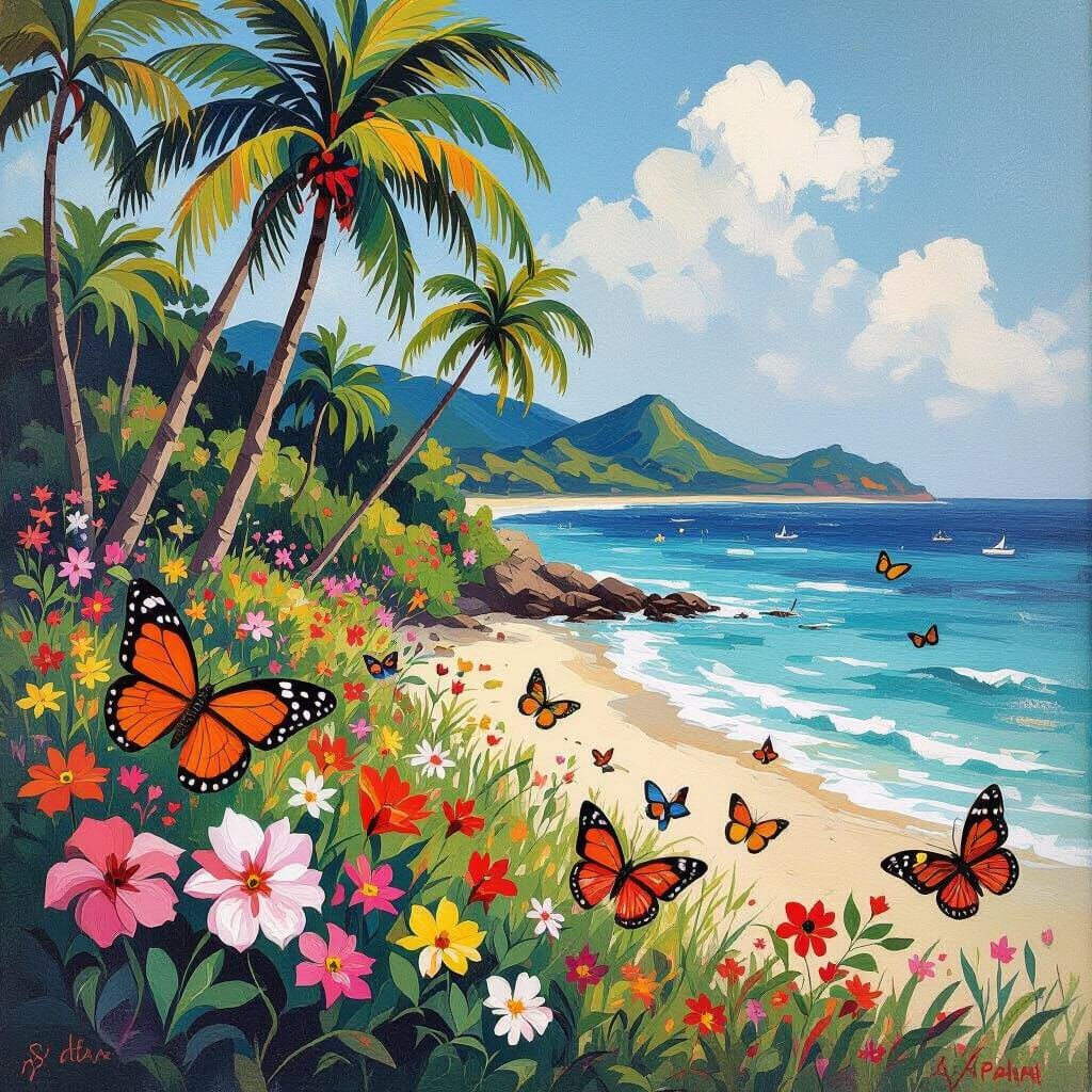 Seaside Butterflies and Flowers in Naive Art