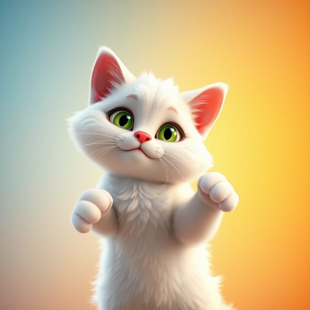 Cute White Cat in Vibrant Sunset Scene in 3D Digital Art