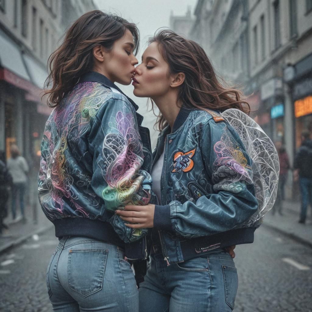 Kissing Women in Cyberpunk with Fractal Background