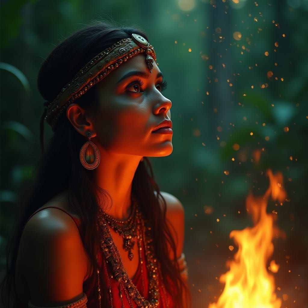 Serene Amazonian Shaman in Traditional Red Attire Under Star...