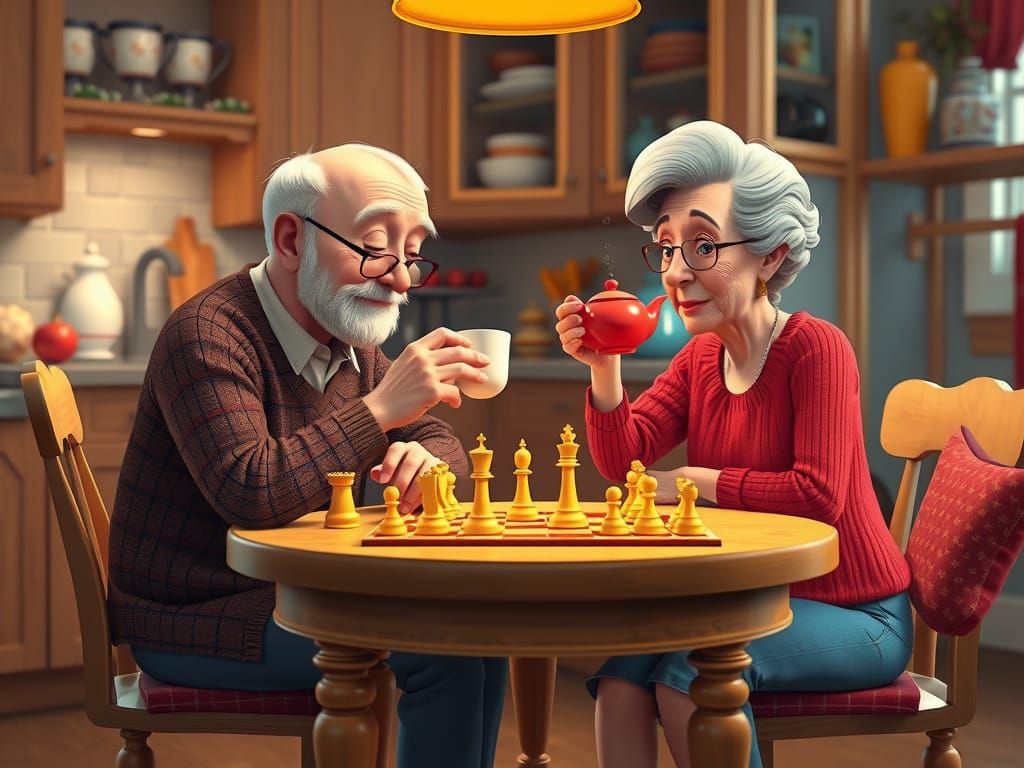 Whimsical Chess Night in a Colorful Kitchen