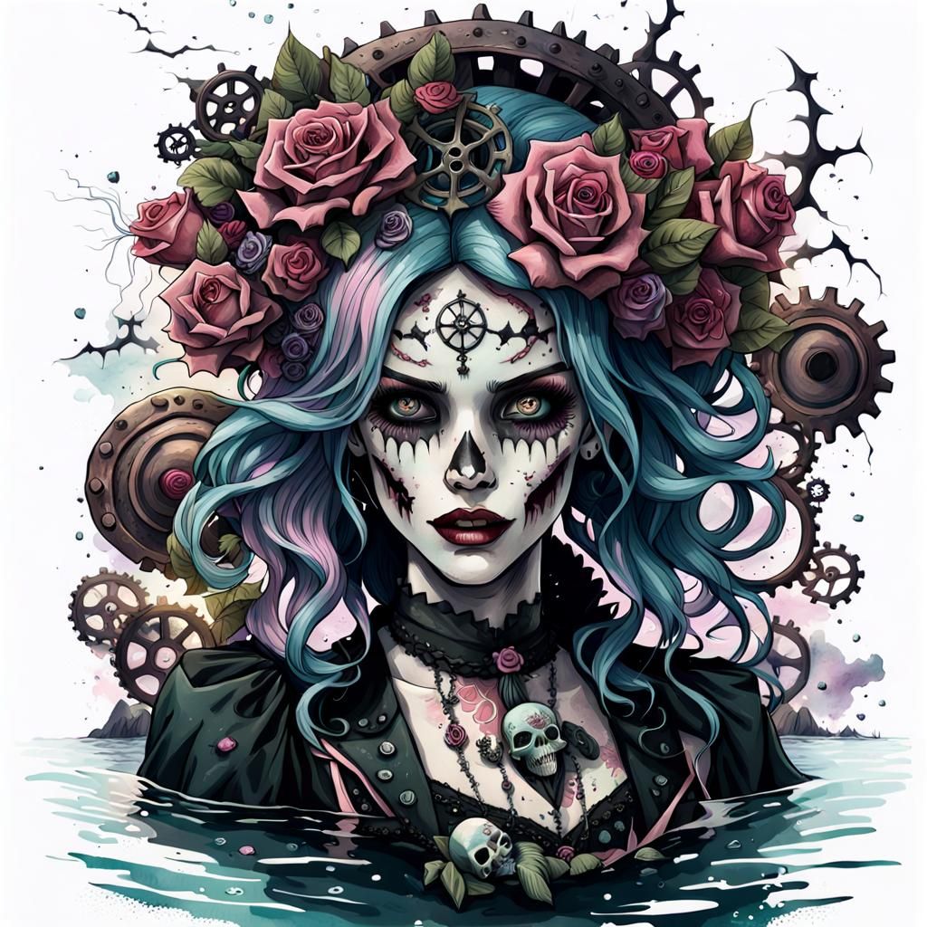 Zombie Mermaid Portrait in Pastel Goth Style