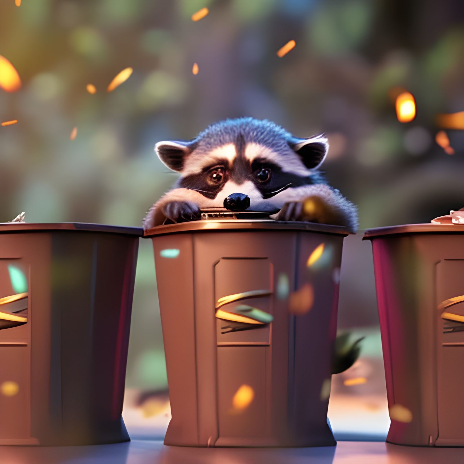 Cute Baby Raccoons in Trash Can: 3D Cartoon Art