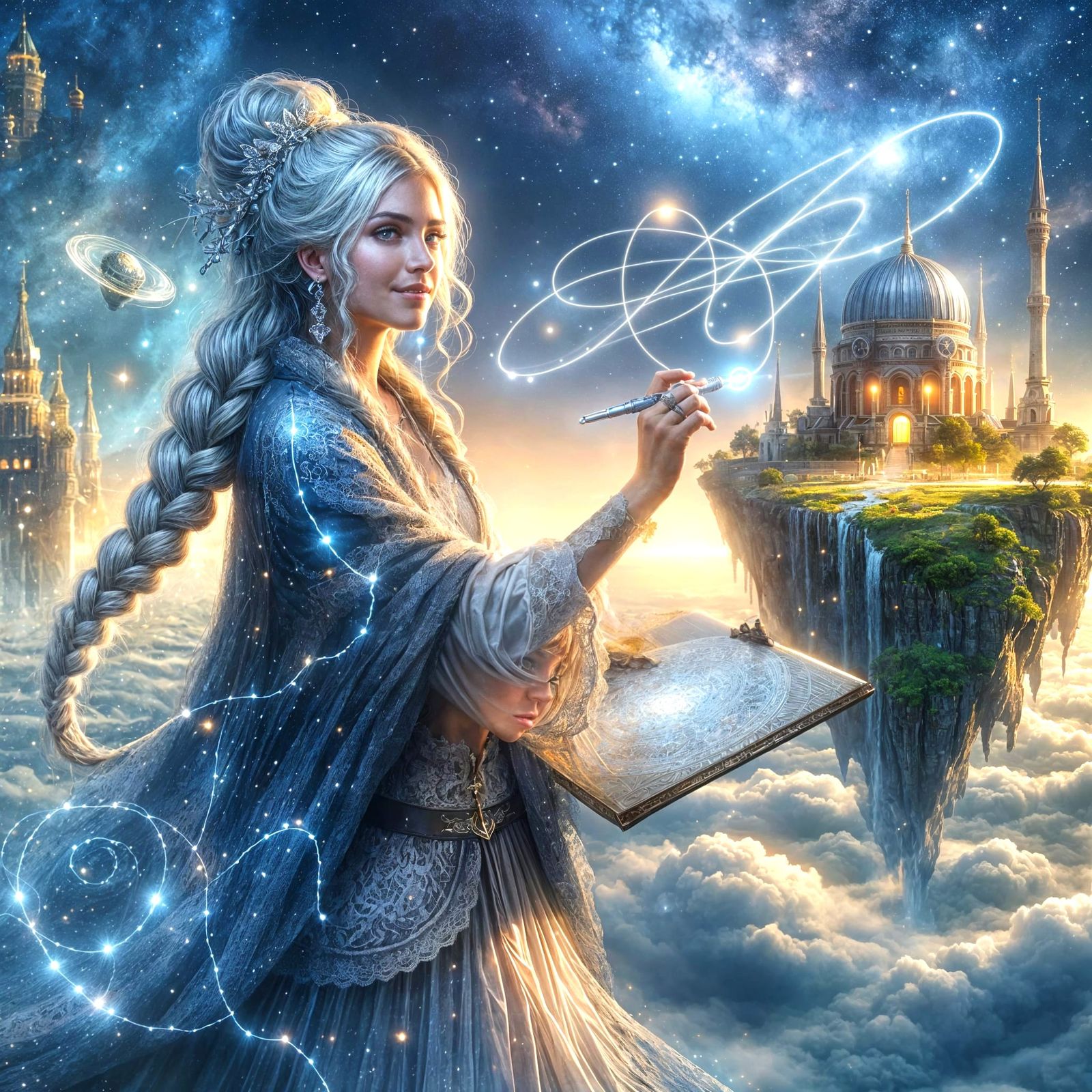 Celestial Cartographer in Stardust Garment Draws Cosmic Stre...