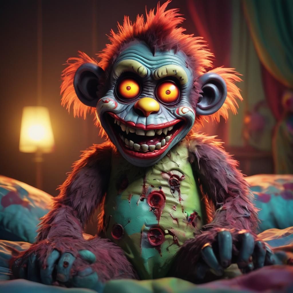 Zombie Monkey Clown Teddy Bear Grinning: Pixar Style
