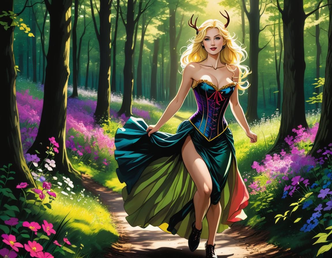 Woman with Antlers Runs Through Jewel-Toned Forest