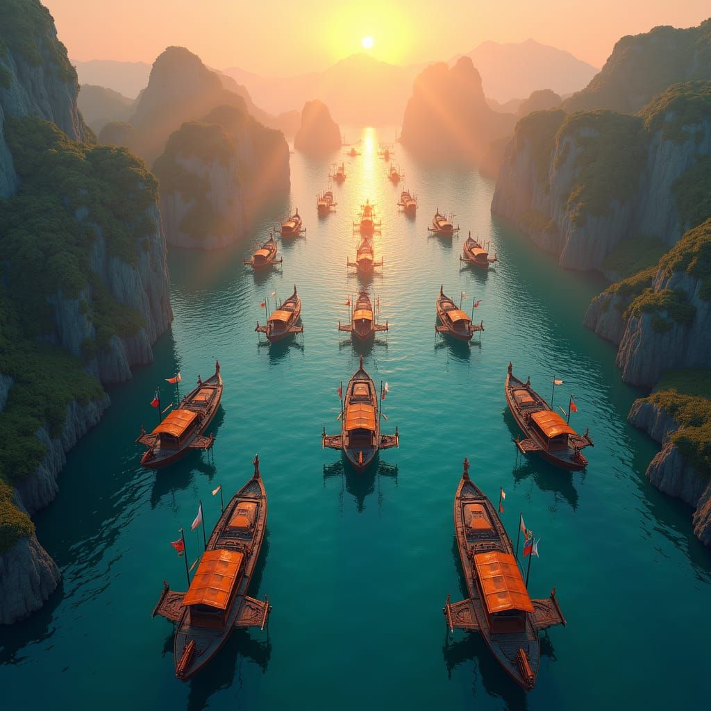 Mystical Realm: Aerial View of Fantasy Boats at Sunset