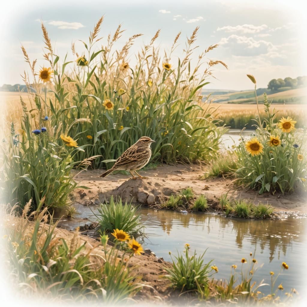 Skylark in Wheat Field: Hyper-Realistic Landscape Photograph...
