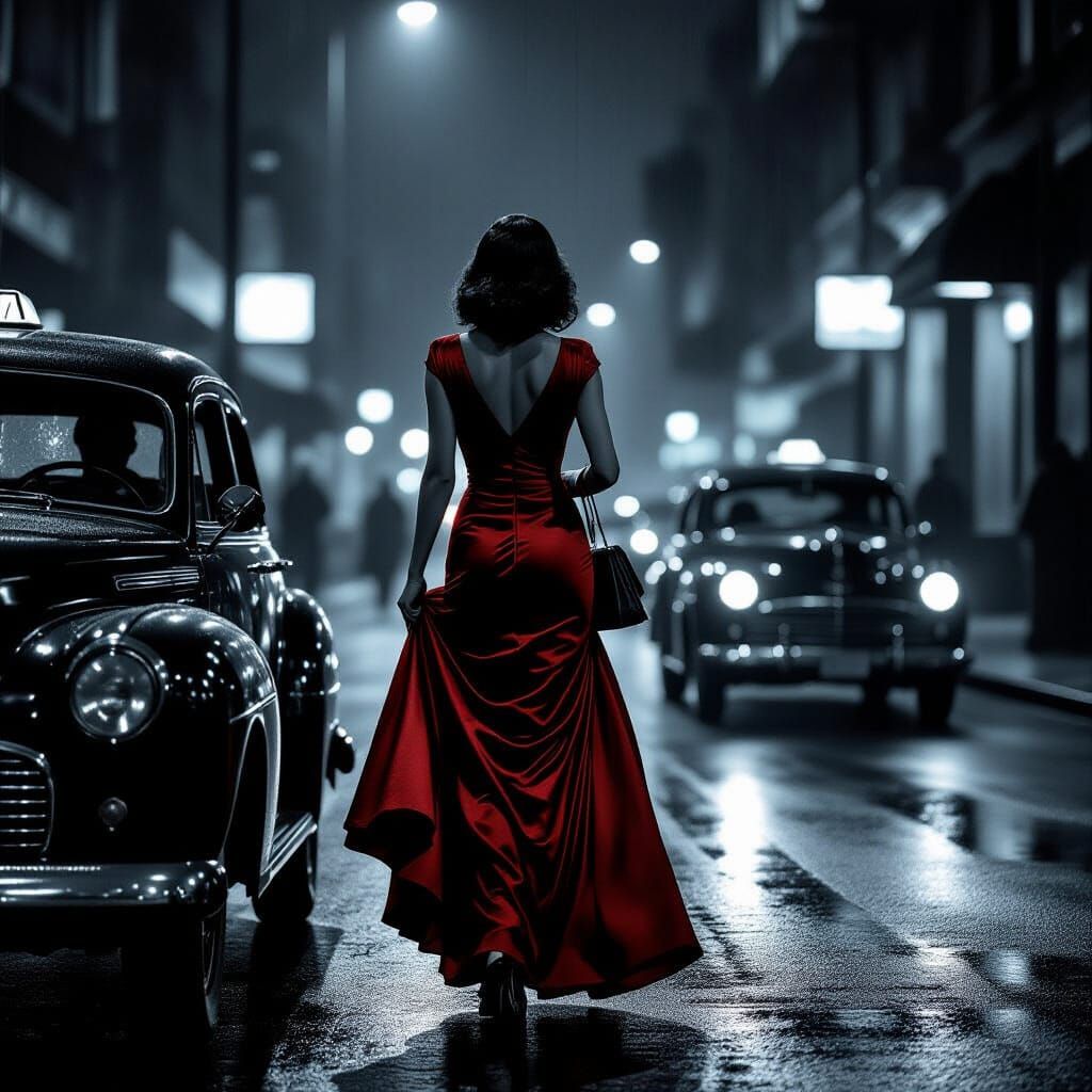 Film Noir Woman Hailing Taxi in the Rain