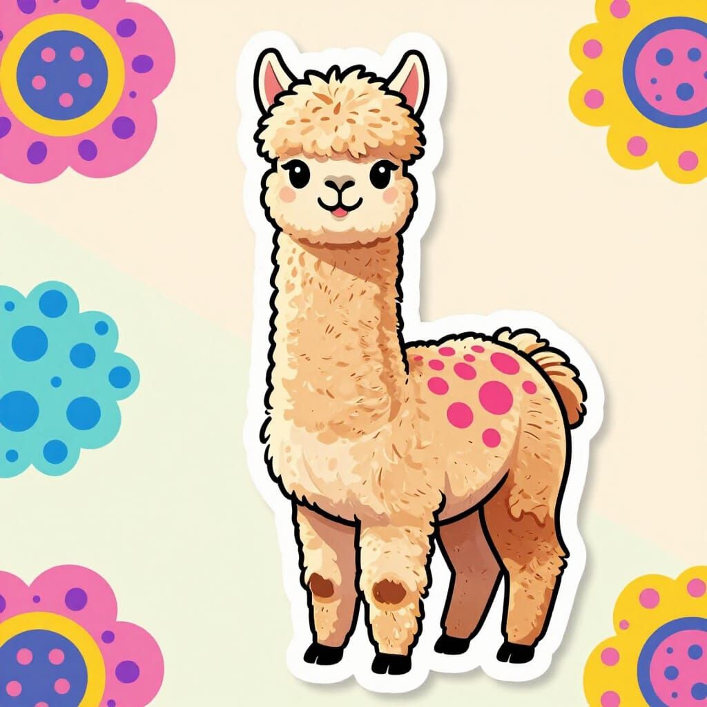Smiling Alpaca Sticker Illustration in Vibrant Pastels