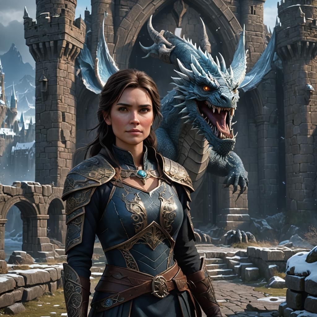 Confident Woman with Dragon in Frozen Ruins