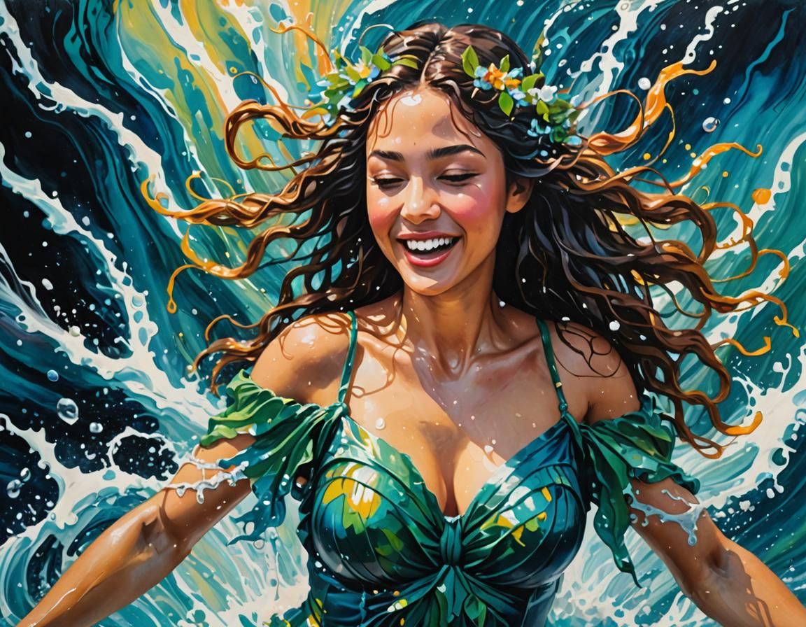 Joyful Water Nymph Portrait in Gouache Style