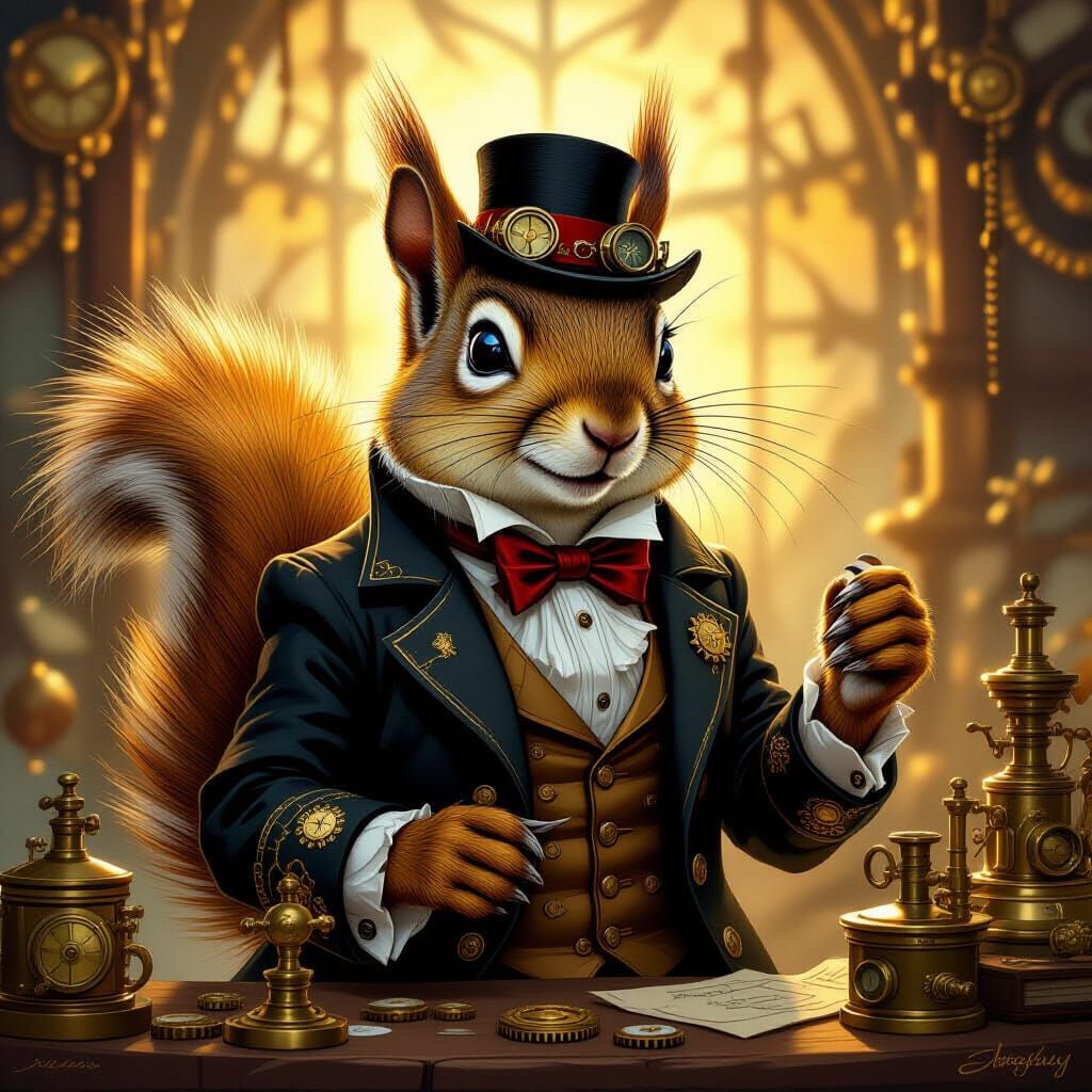 Steampunk Squirrel in Elegant Attire, Oil Painting Style