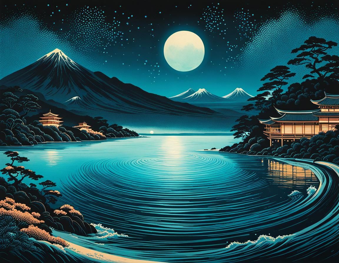 Bioluminescent Bay in Hokusai Ukiyo-e Style