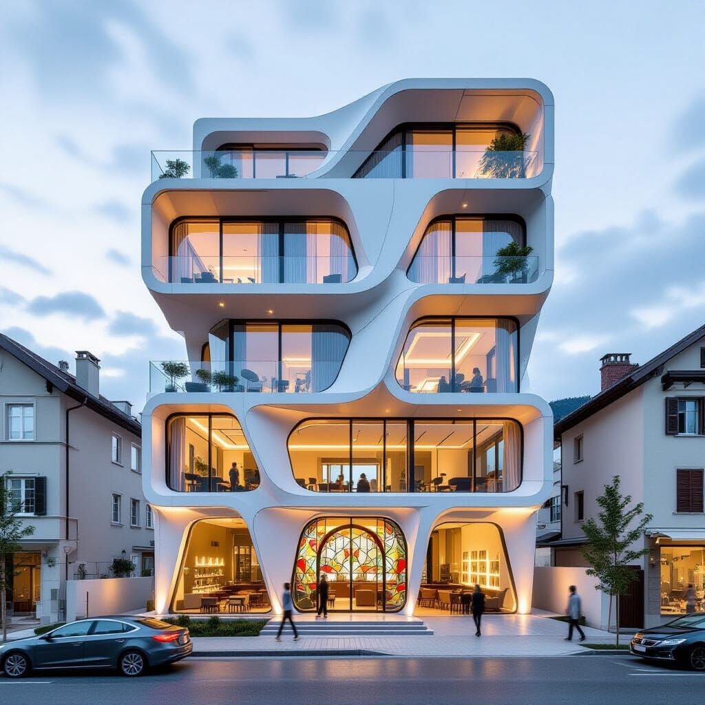 Modern 4-Story Building with Stained Glass Terrace