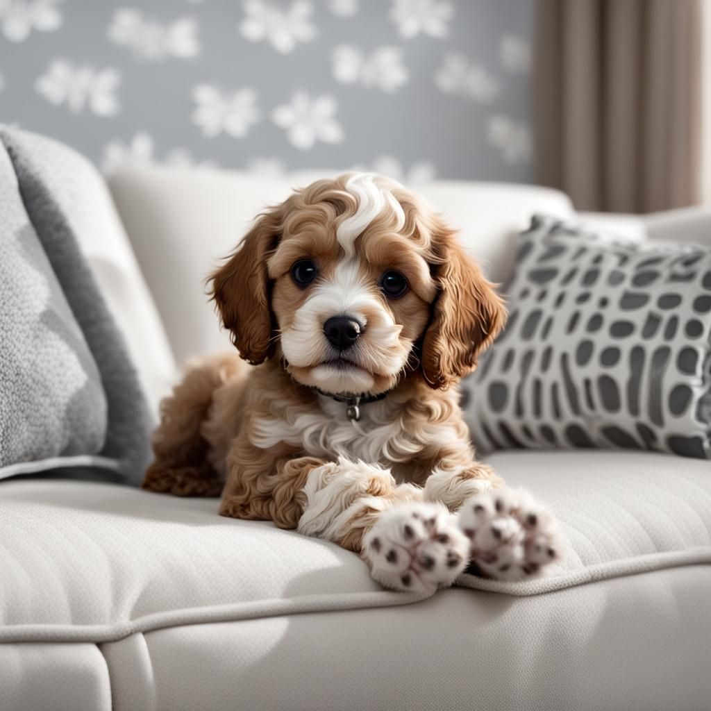 Adorable Cavapoo Puppy Portrait on White Sofa