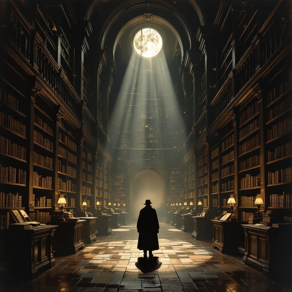 Figure in Ancient Library Bathed in Moonlight