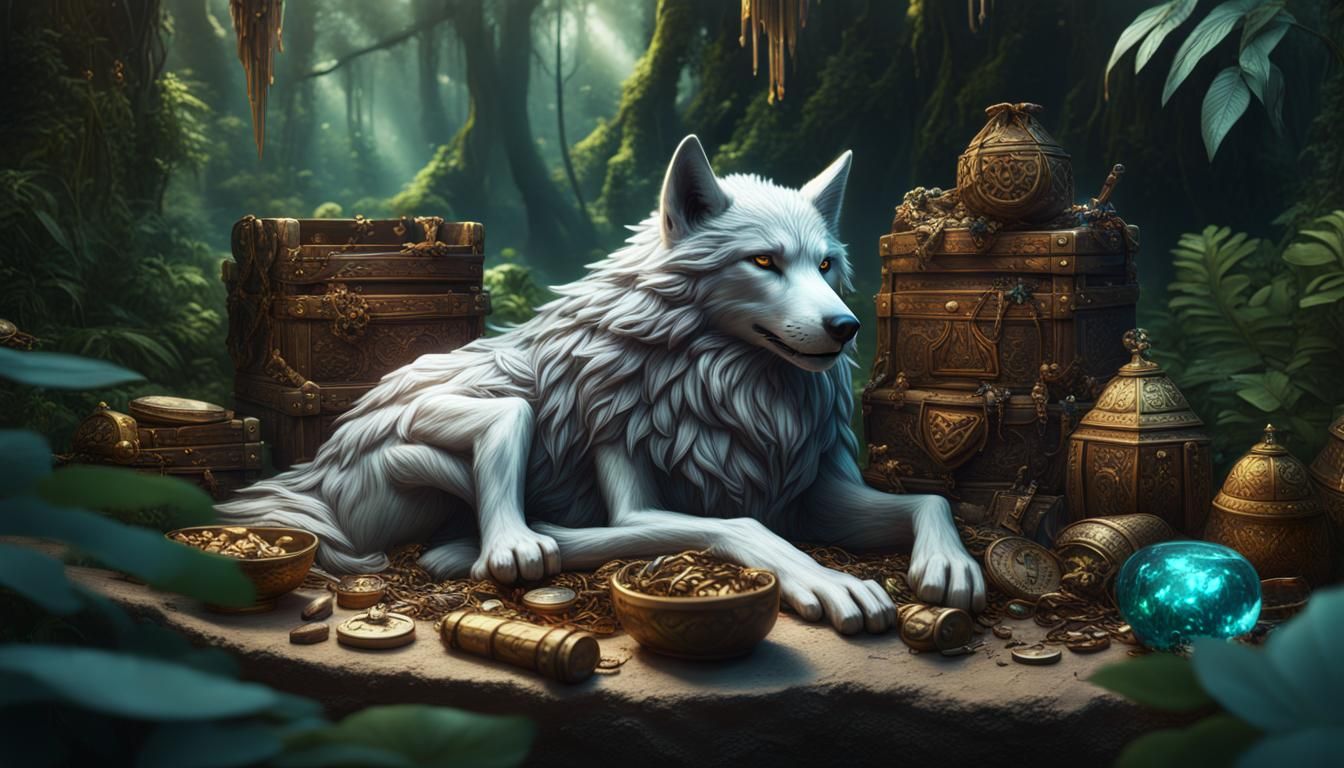 Silver Wolf Guarding Treasure in Jungle, Fantasy Art