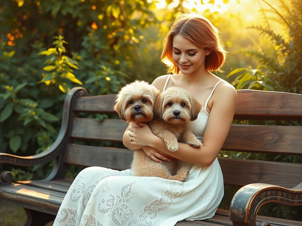 Woman in Impressionist Garden Scene with Gentle Dog