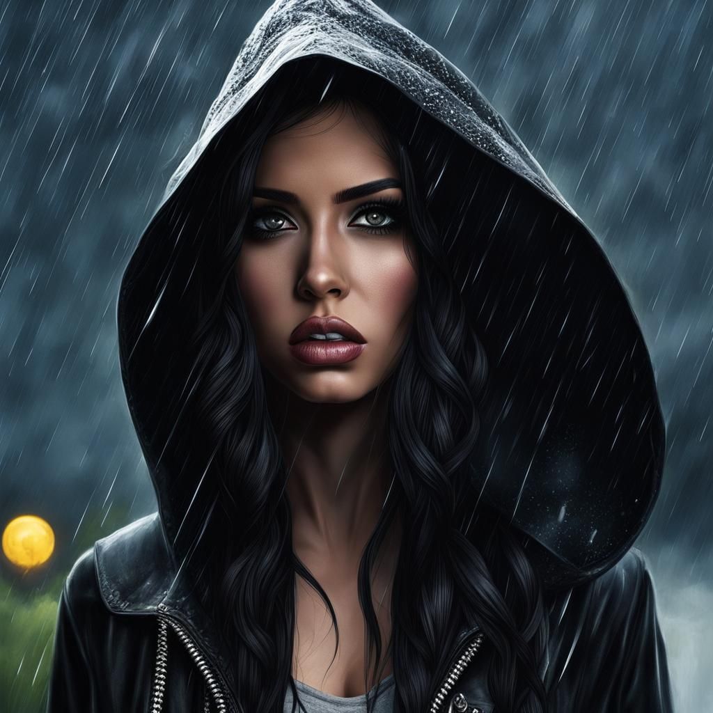 Scared Woman in Stormy Night, Realistic Rendering