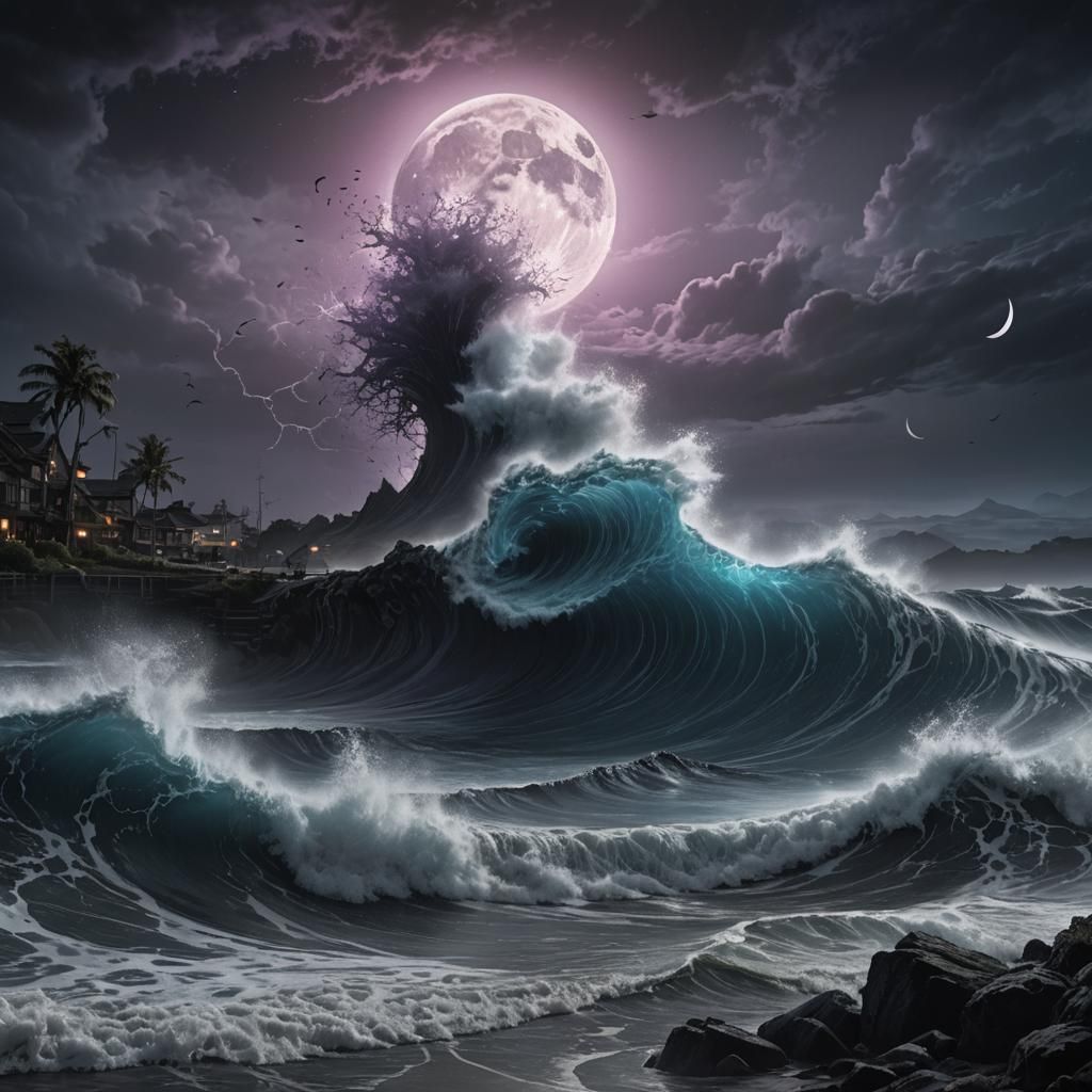 Tsunami Under Black Moon: Dark Fantasy Art