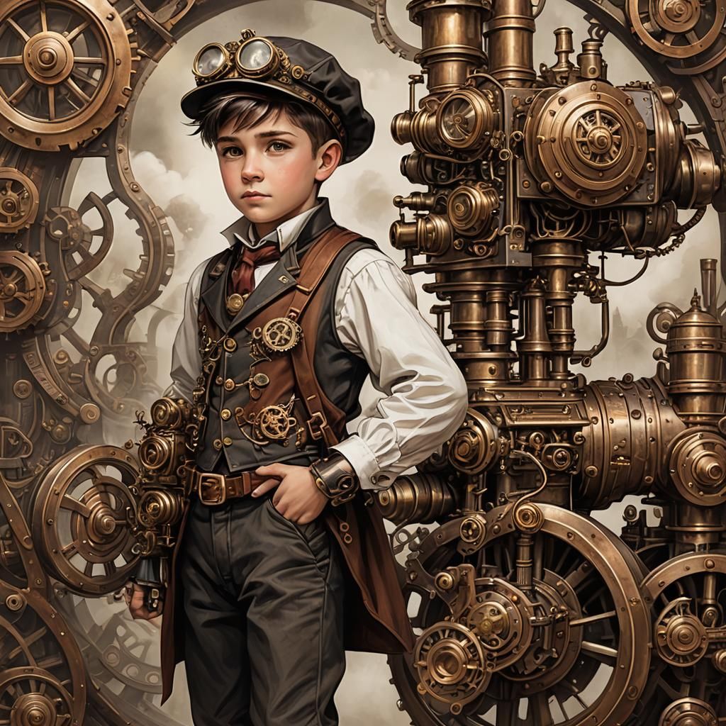 Boy and Steampunk Engine