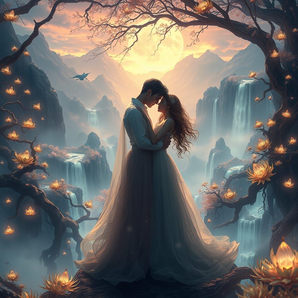 Ethereal Lovers in a Dreamlike Landscape